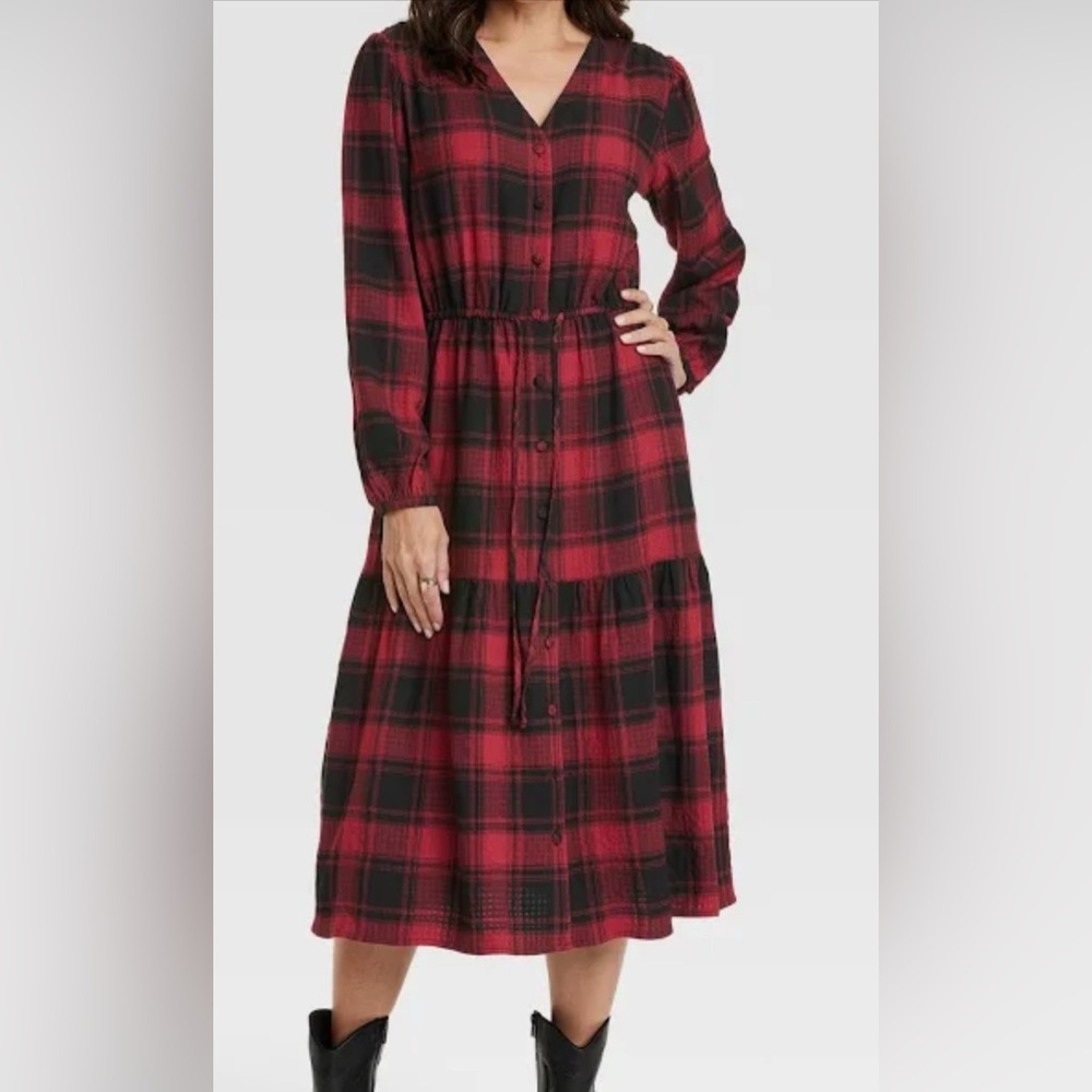 Knox Rose Red and Black Tiered Ruffled Long Sleeve Dress